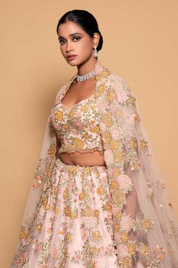 Pallavi Poddar_Pink Organza, Tulle Embroidery, Sequins, Beads Star Phool Bridal Lehenga Set _Online_at_Aza_Fashions