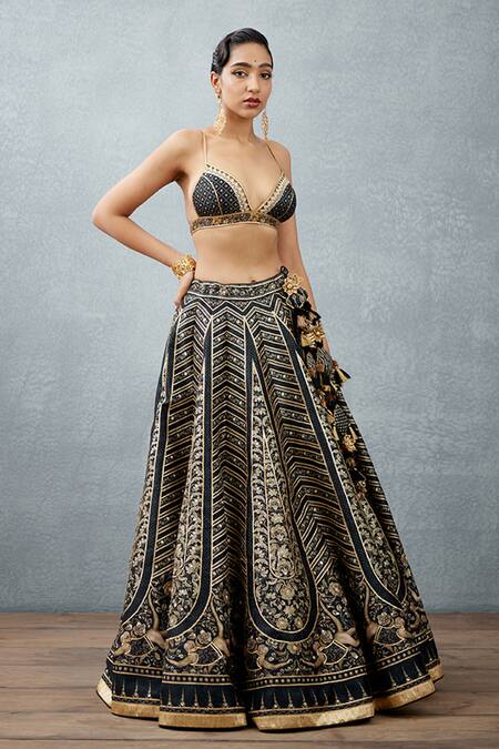 Torani_Black Heavy Raw Silk Bhagalpuri Floral Gulghast Parvaneh Lehenga Jacket Set _Online_at_Aza_Fashions