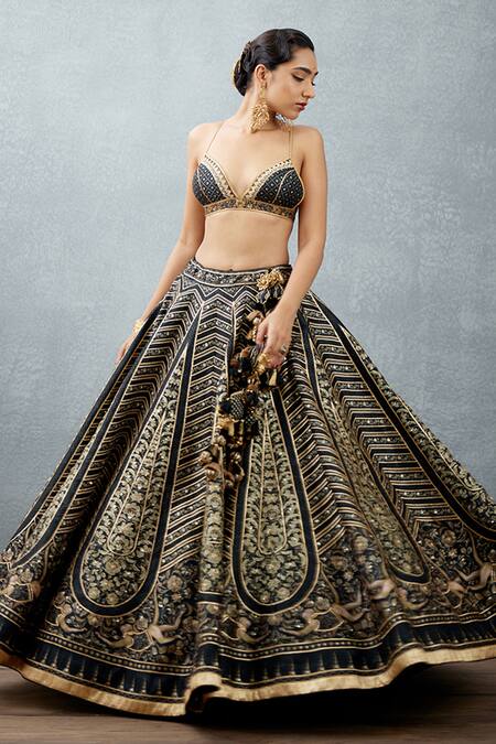 Buy_Torani_Black Heavy Raw Silk Bhagalpuri Floral Gulghast Parvaneh Lehenga Jacket Set _Online_at_Aza_Fashions