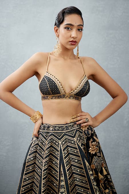 Shop_Torani_Black Heavy Raw Silk Bhagalpuri Floral Gulghast Parvaneh Lehenga Jacket Set _Online_at_Aza_Fashions