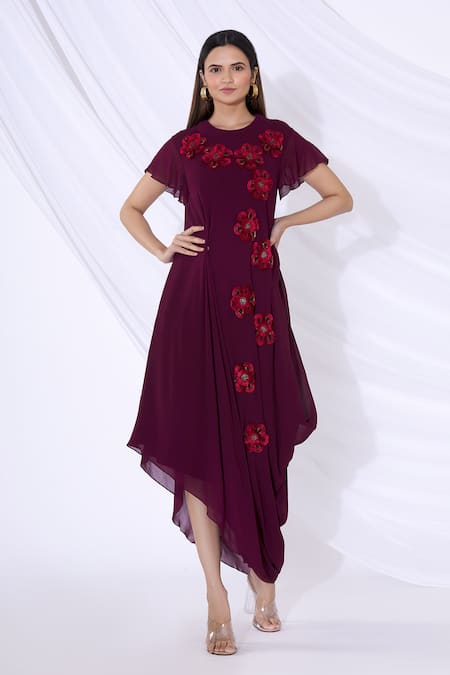 Urvashi Joneja Purple Georgette Embellished 3d Floral Applique Round Draped Dress 