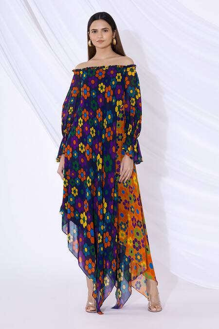 Buy Urvashi Joneja Blue Georgette Printed Motifs Bardot Off Shoulder Dress Online at Aza Fashions Buy_Urvashi Joneja_Blue Georgette Printed Motifs Bardot Off Shoulder Dress_Online_at_Aza_Fashions