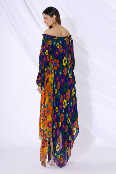 Shop Urvashi Joneja Blue Georgette Printed Motifs Bardot Off Shoulder Dress at Aza Fashions Shop_Urvashi Joneja_Blue Georgette Printed Motifs Bardot Off Shoulder Dress_at_Aza_Fashions