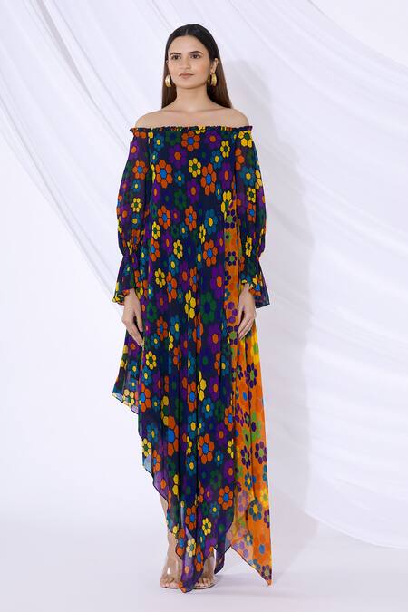 Urvashi Joneja Blue Georgette Printed Motifs Bardot Off Shoulder Dress Online at Aza Fashions Urvashi Joneja_Blue Georgette Printed Motifs Bardot Off Shoulder Dress_Online_at_Aza_Fashions