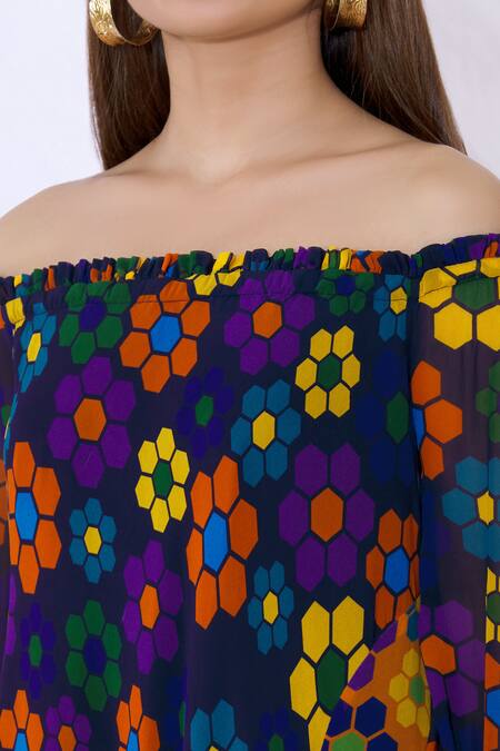 Shop Urvashi Joneja Blue Georgette Printed Motifs Bardot Off Shoulder Dress Online at Aza Fashions Shop_Urvashi Joneja_Blue Georgette Printed Motifs Bardot Off Shoulder Dress_Online_at_Aza_Fashions