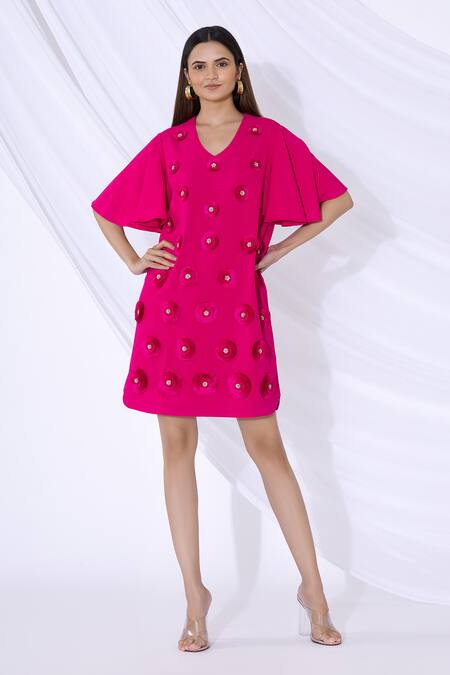 Urvashi Joneja_Pink Crepe 3d Floral Applique V Neck Dress_Online_at_Aza_Fashions