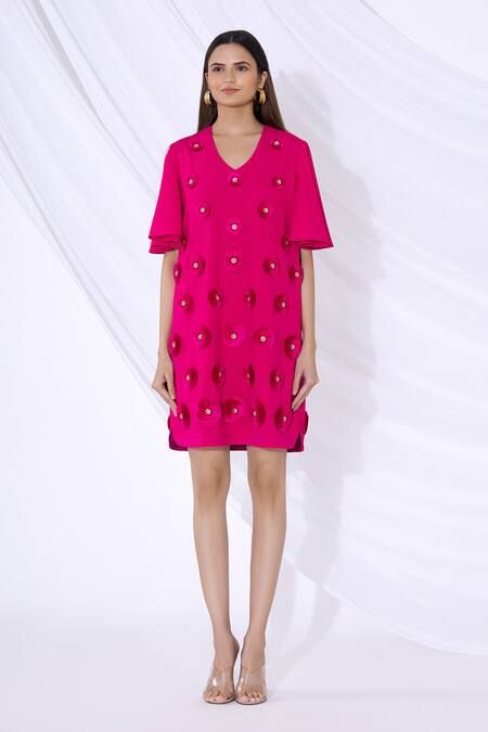 Shop_Urvashi Joneja_Pink Crepe 3d Floral Applique V Neck Dress_Online_at_Aza_Fashions