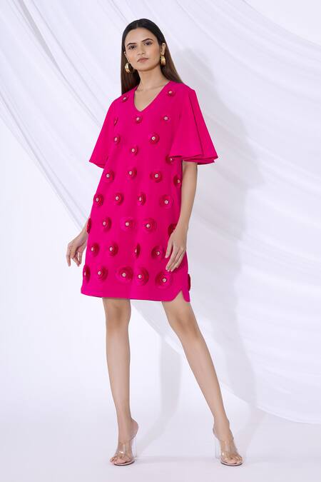Buy_Urvashi Joneja_Pink Crepe 3d Floral Applique V Neck Dress_Online_at_Aza_Fashions