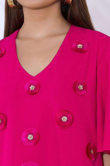 Urvashi Joneja_Pink Crepe 3d Floral Applique V Neck Dress_at_Aza_Fashions