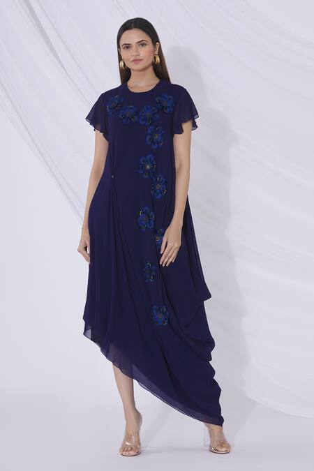 Urvashi Joneja Blue Georgette Embellished Floral Applique Round Draped Dress  