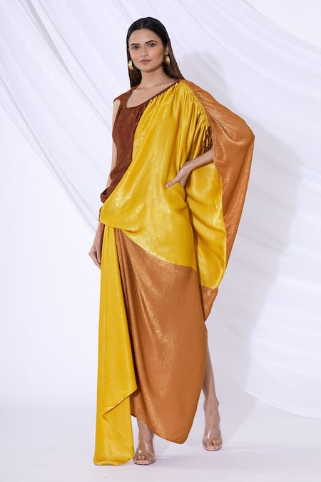 Urvashi Joneja Yellow Satin Asymmetric Metallic Colorblock Draped Dress 