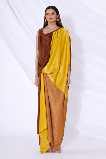 Urvashi Joneja_Yellow Satin Asymmetric Metallic Colorblock Draped Dress_Online_at_Aza_Fashions