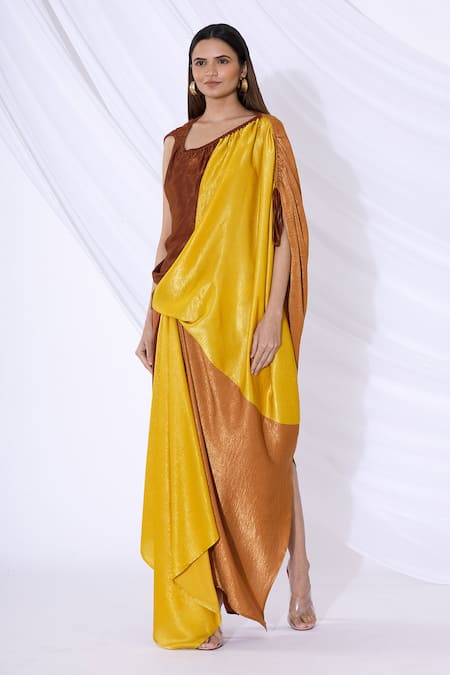 Buy_Urvashi Joneja_Yellow Satin Asymmetric Metallic Colorblock Draped Dress_Online_at_Aza_Fashions