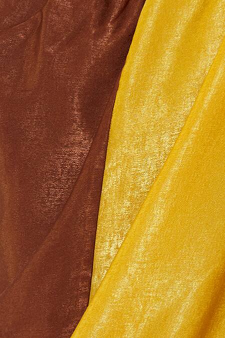 Shop_Urvashi Joneja_Yellow Satin Asymmetric Metallic Colorblock Draped Dress_Online_at_Aza_Fashions