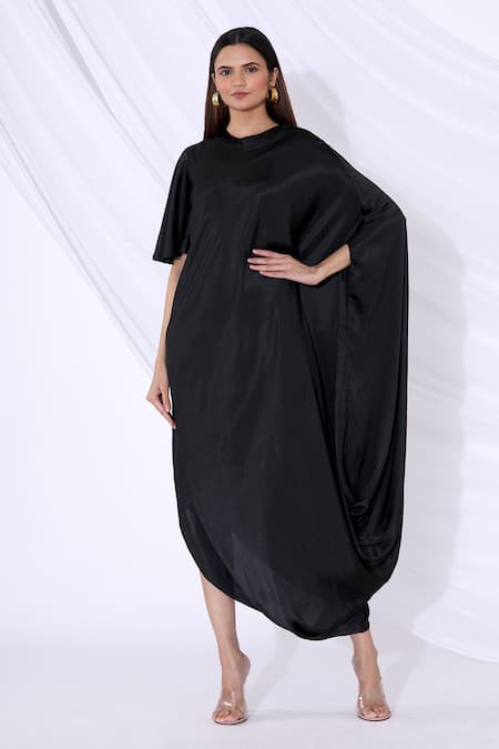Urvashi Joneja Black Satin Round Textured Draped Dress 