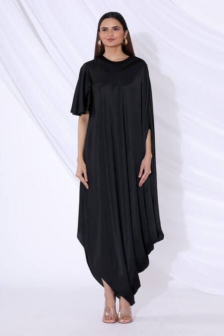 Urvashi Joneja_Black Satin Round Textured Draped Dress_Online_at_Aza_Fashions