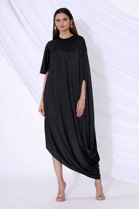 Buy_Urvashi Joneja_Black Satin Round Textured Draped Dress_Online_at_Aza_Fashions
