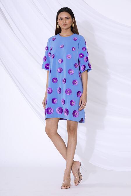Shop_Urvashi Joneja_Blue Crepe 3d Floral Applique Round Shift Dress_Online_at_Aza_Fashions