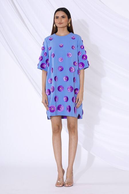 Urvashi Joneja_Blue Crepe 3d Floral Applique Round Shift Dress_Online_at_Aza_Fashions