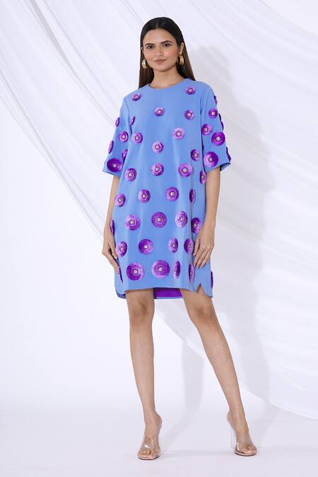 Buy_Urvashi Joneja_Blue Crepe 3d Floral Applique Round Shift Dress_Online_at_Aza_Fashions