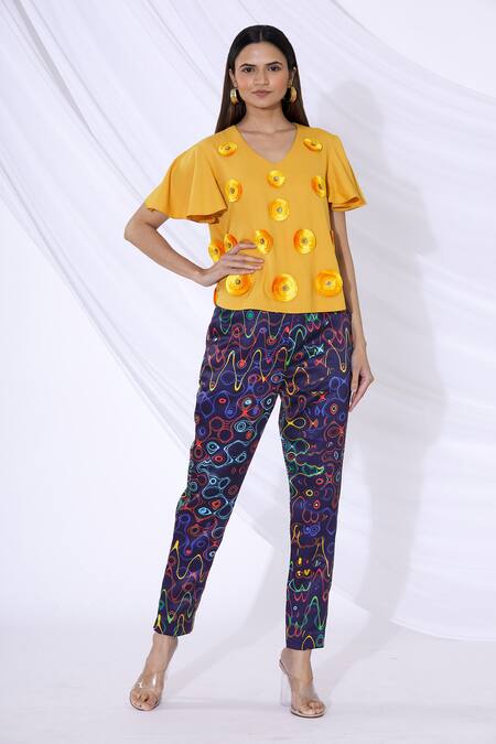 Shop_Urvashi Joneja_Yellow Crepe 3d Applique V Neck Top _Online_at_Aza_Fashions