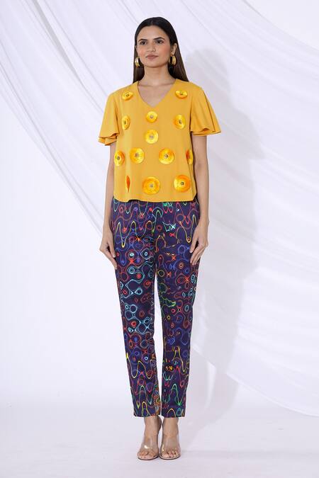 Urvashi Joneja_Yellow Crepe 3d Applique V Neck Top _Online_at_Aza_Fashions