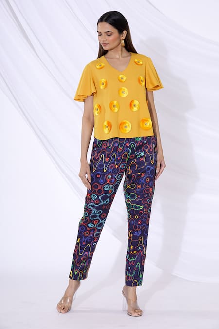 Buy_Urvashi Joneja_Yellow Crepe 3d Applique V Neck Top _Online_at_Aza_Fashions