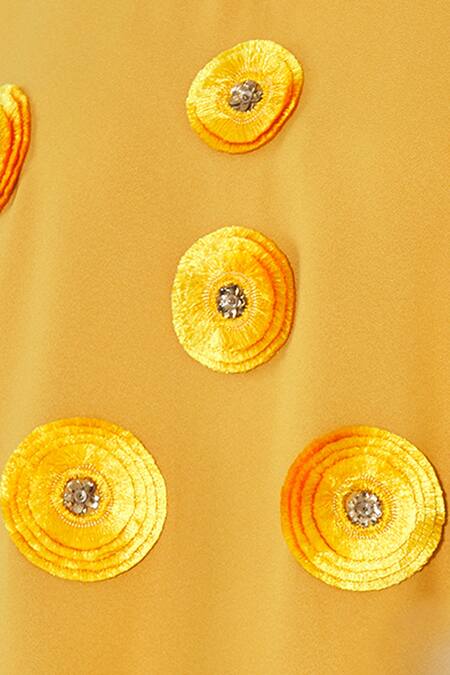 Urvashi Joneja_Yellow Crepe 3d Applique V Neck Top _at_Aza_Fashions