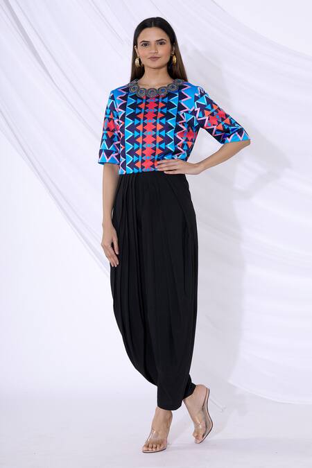 Shop Urvashi Joneja Blue Satin Geometric Print Round Top Online at Aza Fashions Shop_Urvashi Joneja_Blue Satin Geometric Print Round Top_Online_at_Aza_Fashions