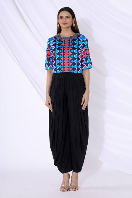 Urvashi Joneja Blue Satin Geometric Print Round Top Online at Aza Fashions Urvashi Joneja_Blue Satin Geometric Print Round Top_Online_at_Aza_Fashions