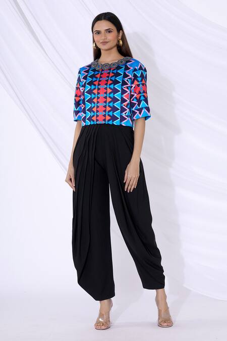 Buy Urvashi Joneja Blue Satin Geometric Print Round Top Online at Aza Fashions Buy_Urvashi Joneja_Blue Satin Geometric Print Round Top_Online_at_Aza_Fashions