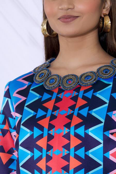 Urvashi Joneja Blue Satin Geometric Print Round Top at Aza Fashions Urvashi Joneja_Blue Satin Geometric Print Round Top_at_Aza_Fashions