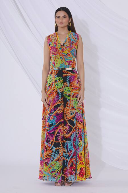 Urvashi Joneja_Multi Color Georgette Abstract Print V Neck Flared Jumpsuit_Online_at_Aza_Fashions
