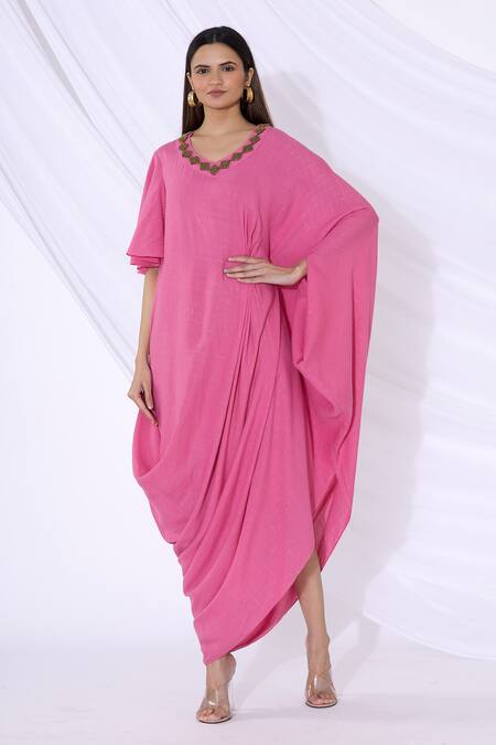Buy_Urvashi Joneja_Pink Cotton V Neck Embellished Draped Dress_Online_at_Aza_Fashions