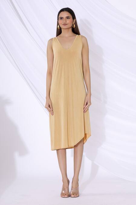 Shop_Urvashi Joneja_Pink Cotton V Neck Embellished Draped Dress_Online_at_Aza_Fashions