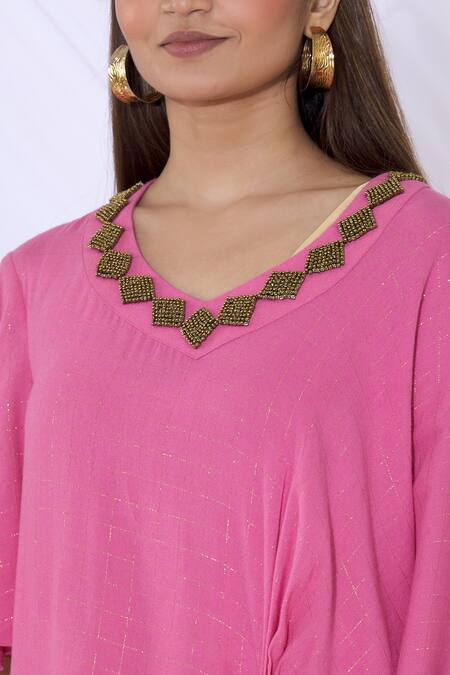 Urvashi Joneja_Pink Cotton V Neck Embellished Draped Dress_at_Aza_Fashions