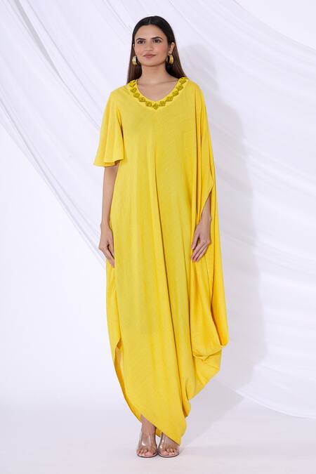 Urvashi Joneja_Yellow Cotton V Neckline Embellished Draped Dress_Online_at_Aza_Fashions