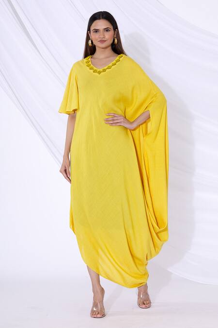 Buy_Urvashi Joneja_Yellow Cotton V Neckline Embellished Draped Dress_Online_at_Aza_Fashions