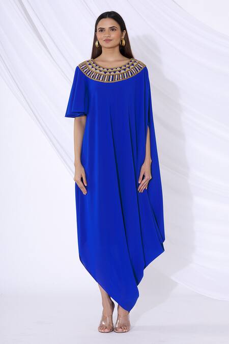 Urvashi Joneja_Blue Georgette Round Embellished Draped Dress_Online_at_Aza_Fashions
