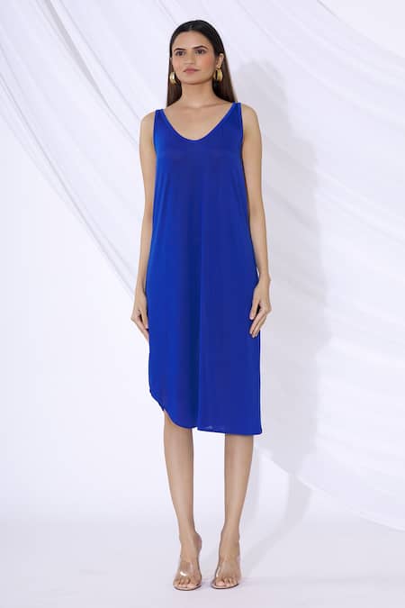Shop_Urvashi Joneja_Blue Georgette Round Embellished Draped Dress_Online_at_Aza_Fashions