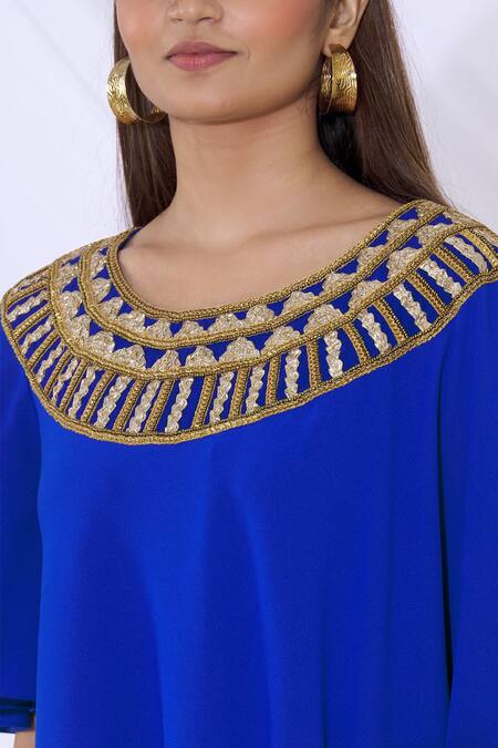 Urvashi Joneja_Blue Georgette Round Embellished Draped Dress_at_Aza_Fashions