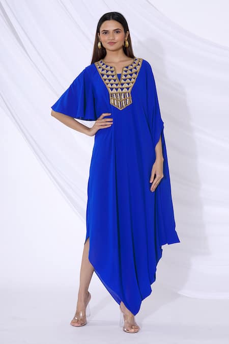 Urvashi Joneja Blue Georgette Embellished V Neck Draped Dress  