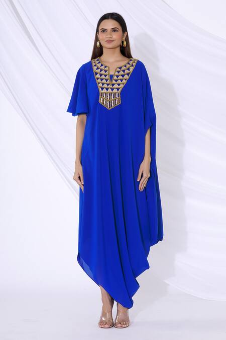 Urvashi Joneja_Blue Georgette V Neck Embellished Draped Dress_Online_at_Aza_Fashions