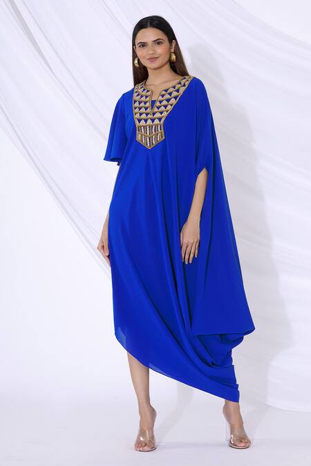 Buy_Urvashi Joneja_Blue Georgette V Neck Embellished Draped Dress_Online_at_Aza_Fashions