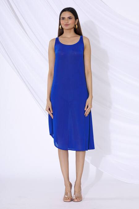 Shop_Urvashi Joneja_Blue Georgette V Neck Embellished Draped Dress_Online_at_Aza_Fashions