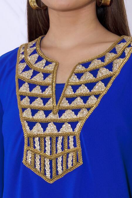 Urvashi Joneja_Blue Georgette V Neck Embellished Draped Dress_at_Aza_Fashions