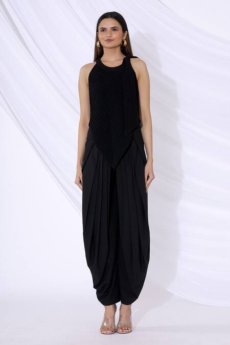 Urvashi Joneja_Black Georgette Round Pleated Asymmetric Top _Online_at_Aza_Fashions