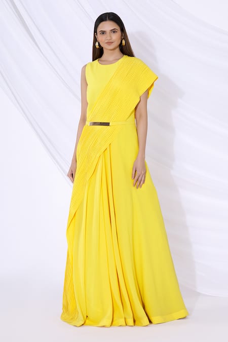 Buy_Urvashi Joneja_Yellow Georgette Round Pleated Draped Gown _Online_at_Aza_Fashions