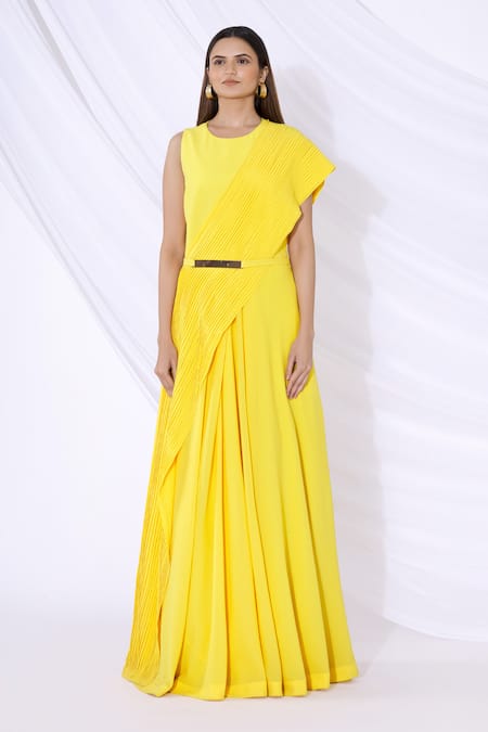 Urvashi Joneja_Yellow Georgette Round Pleated Draped Gown _Online_at_Aza_Fashions