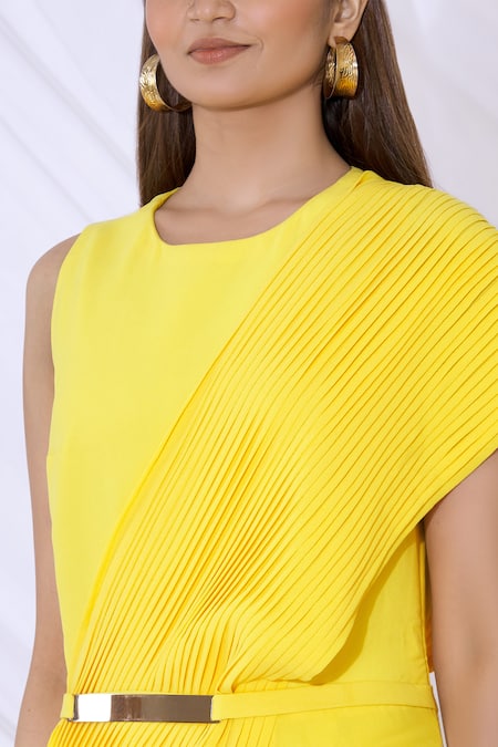Shop_Urvashi Joneja_Yellow Georgette Round Pleated Draped Gown _Online_at_Aza_Fashions